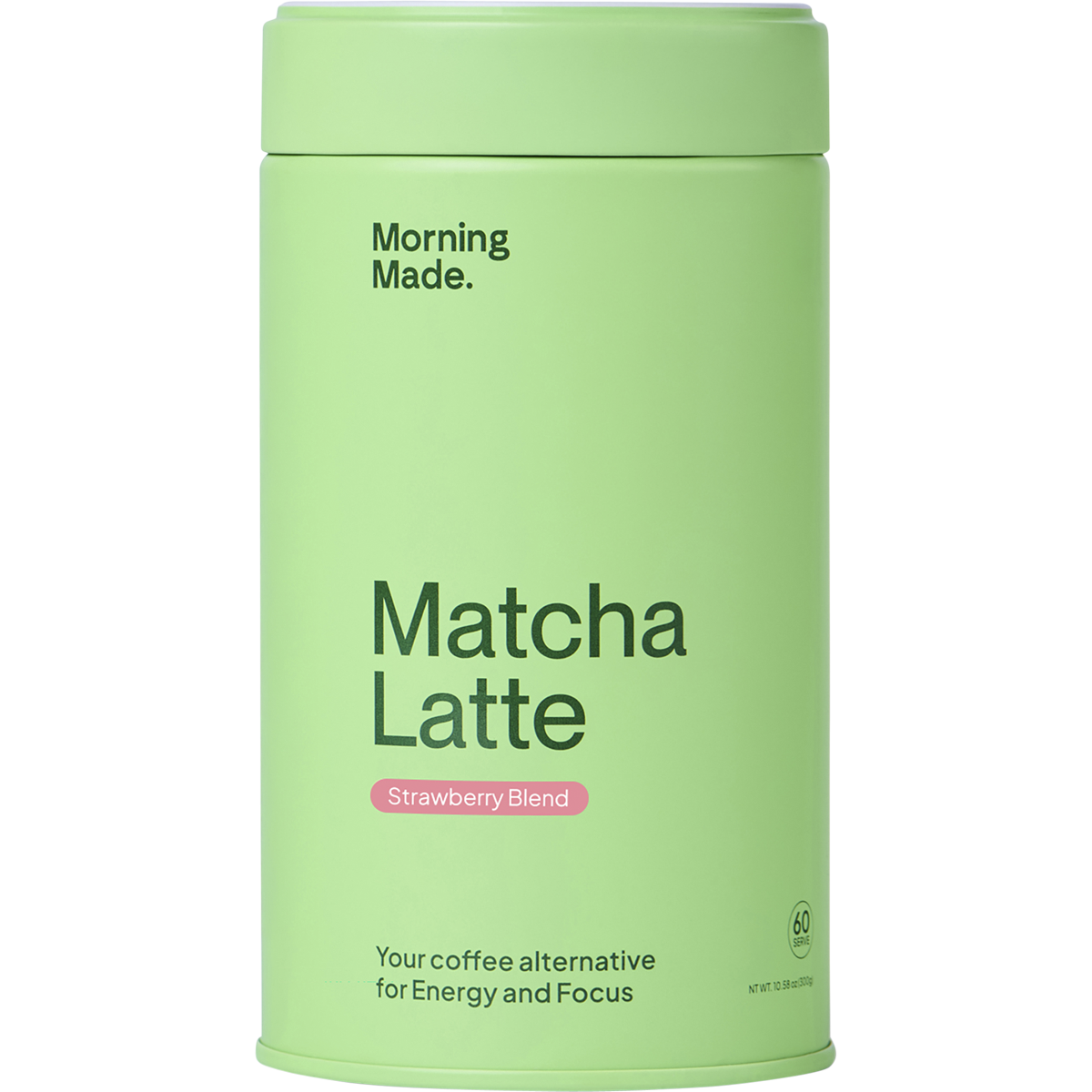 Morning Made Strawberry Matcha Latte 300g tub with pink and green branding on a clean white background.