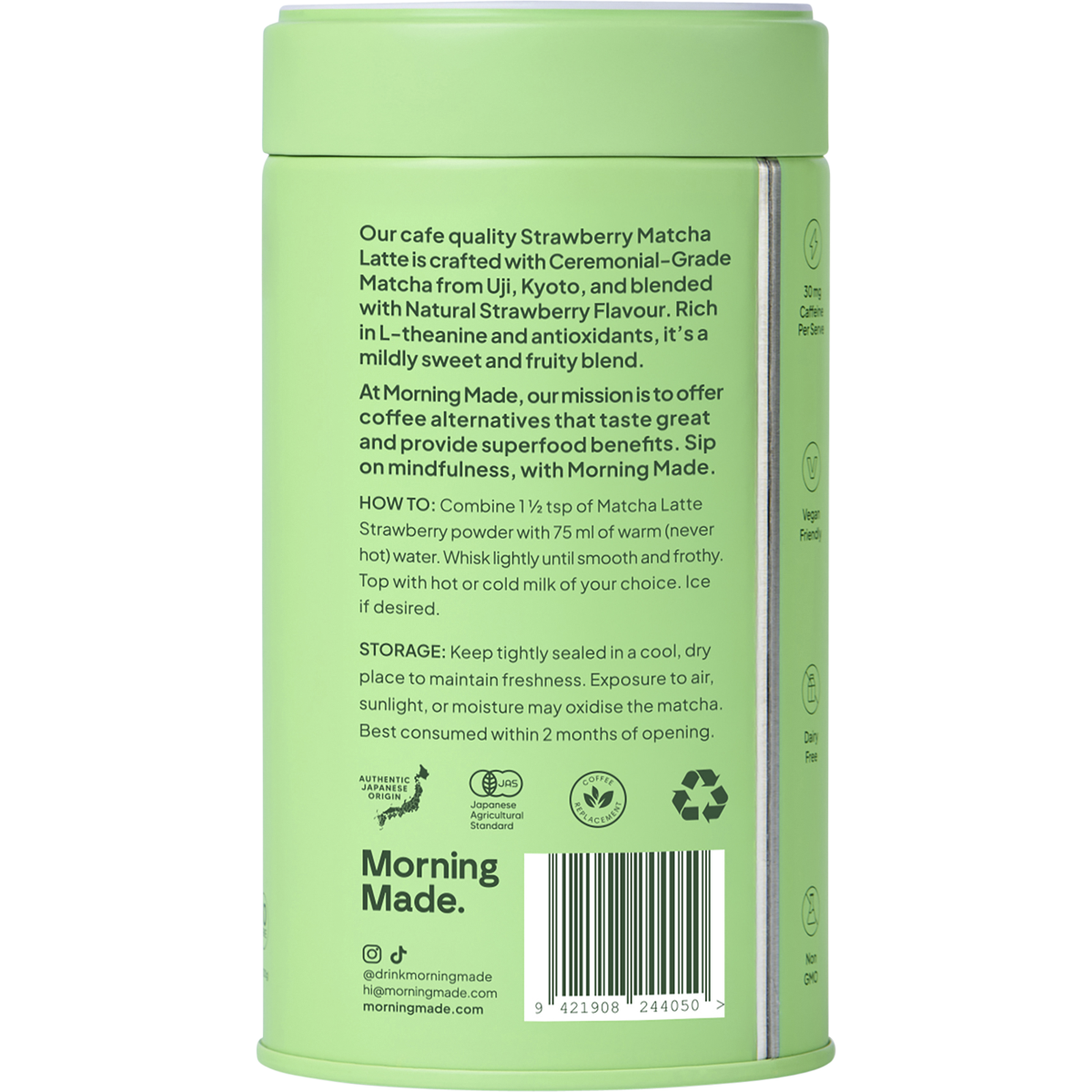 Back of Morning Made Strawberry Matcha Latte 300g tub with ingredients, preparation, and storage info.