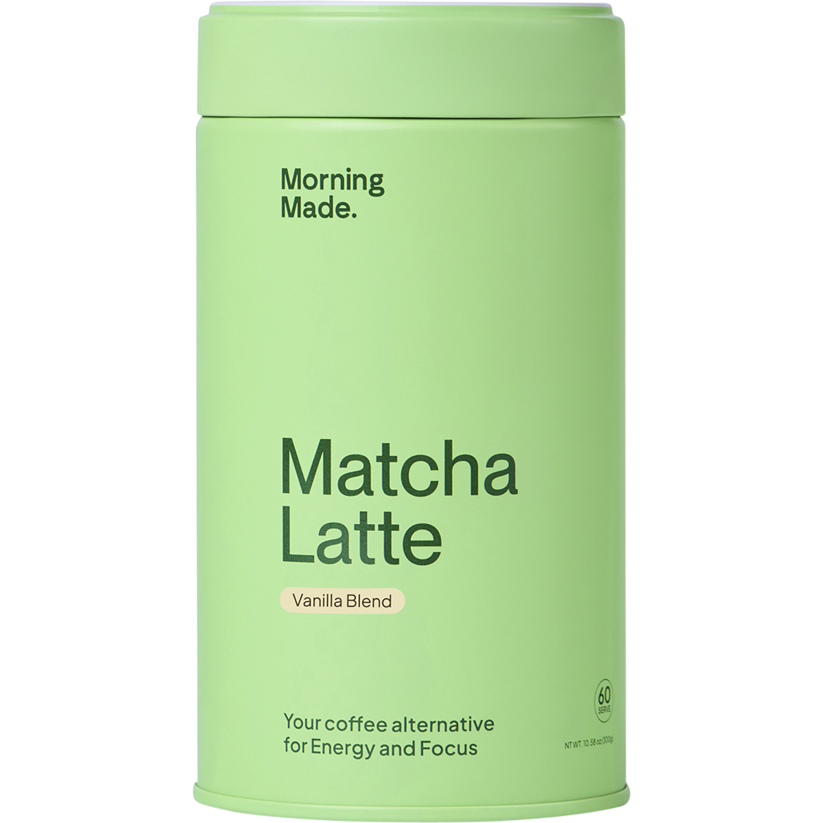 300g tub of Morning Made Vanilla Matcha Latte featuring a green label with white text on a white background.