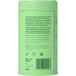 Back of Morning Made Vanilla Matcha Latte 300g tub with ingredients, preparation steps, and storage info.
