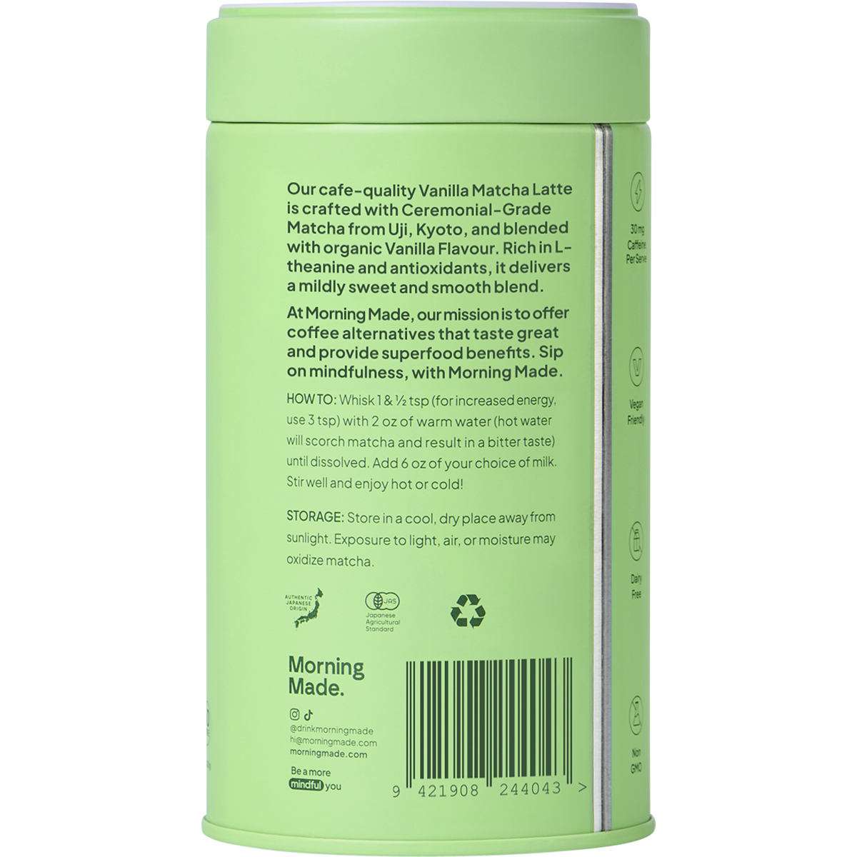 Back of Morning Made Vanilla Matcha Latte 300g tub with ingredients, preparation steps, and storage info.