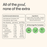 Nutrition Information Panel for Morning Made Vanilla Matcha Latte 300g tub.