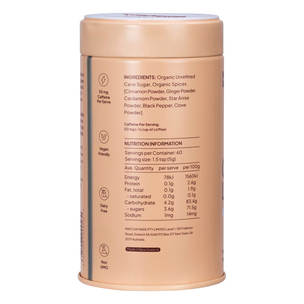 Back of Morning Made Original Chai Latte 300g tub showing ingredients, nutrition facts, and preparation instructions.