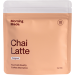 Morning Made Original Chai Latte 12x50g box with a steaming cup of chai and aromatic spices.
