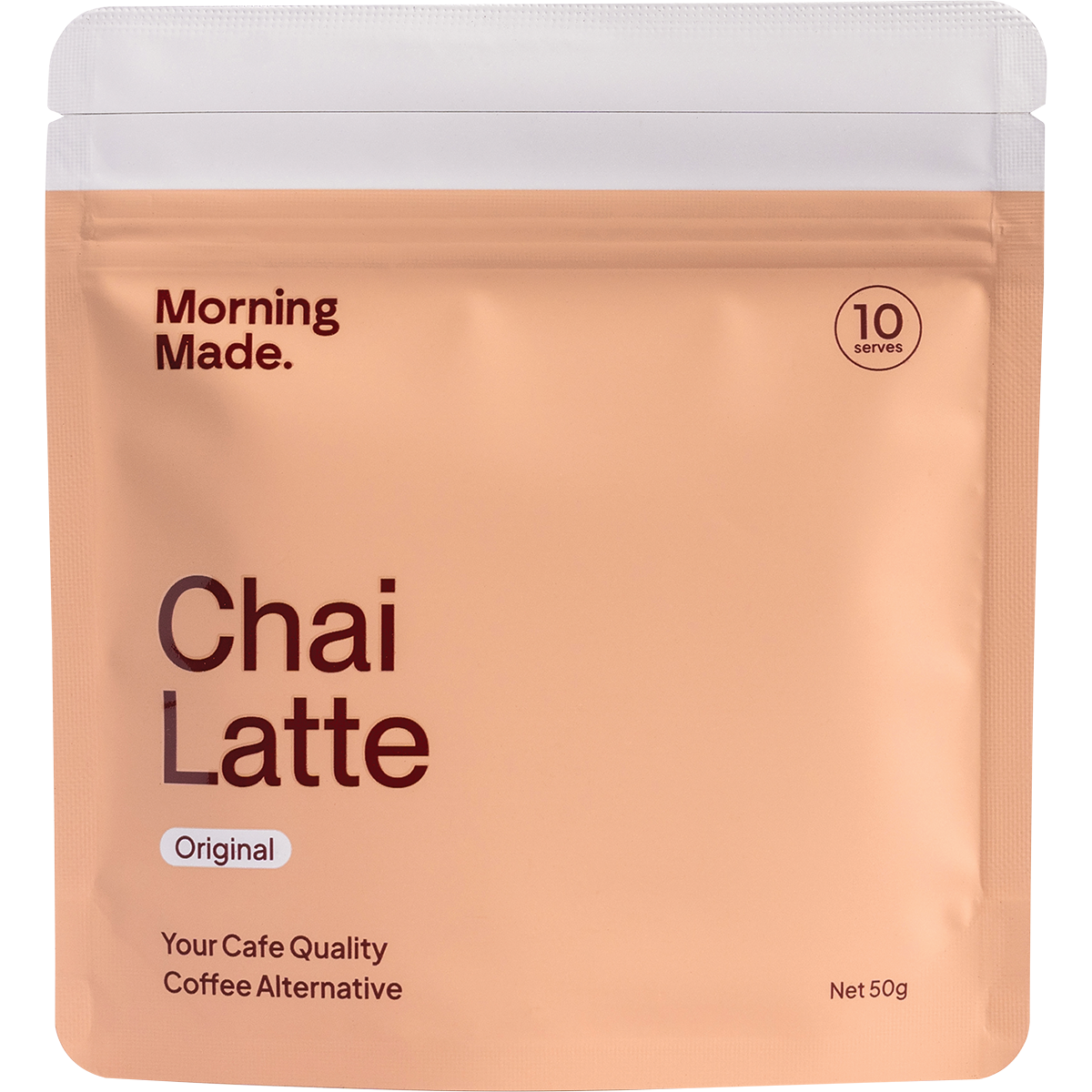 Morning Made Original Chai Latte 12x50g box with a steaming cup of chai and aromatic spices.