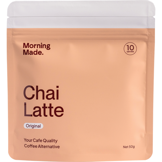 Morning Made Original Chai Latte 12x50g box with a steaming cup of chai and aromatic spices.