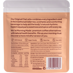 Back of Morning Made Original Chai Latte sachet showing ingredients, nutrition facts, and brewing instructions.