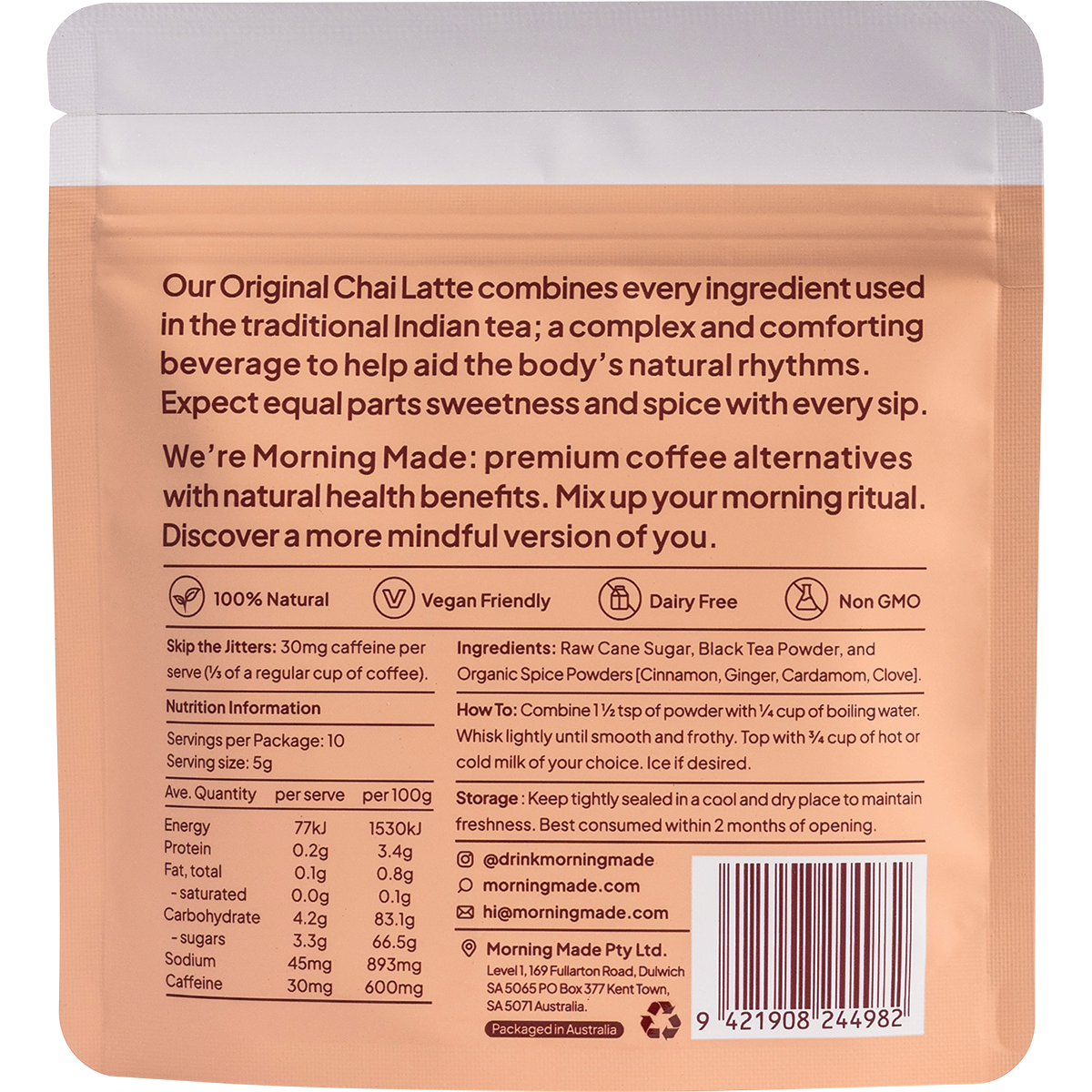Back of Morning Made Original Chai Latte sachet showing ingredients, nutrition facts, and brewing instructions.