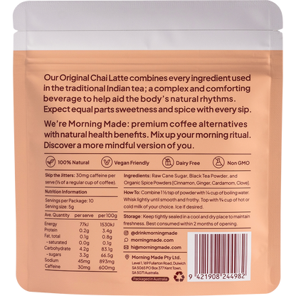Back of Morning Made Original Chai Latte sachet showing ingredients, nutrition facts, and brewing instructions.