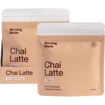 Morning Made Original Chai Latte 12x50g box next to a prepared cup of chai with a sachet and scattered spices.