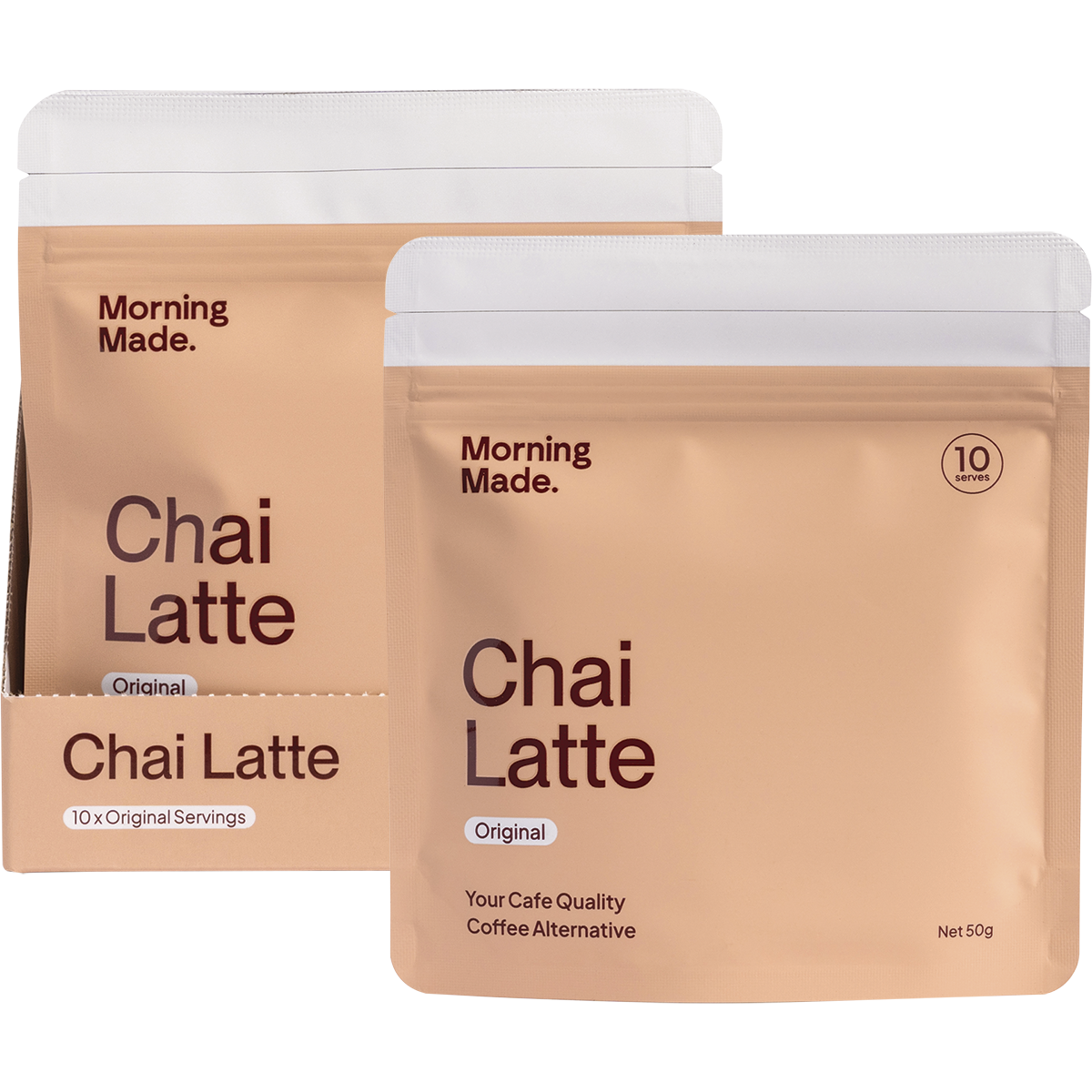 Morning Made Original Chai Latte 12x50g box next to a prepared cup of chai with a sachet and scattered spices.