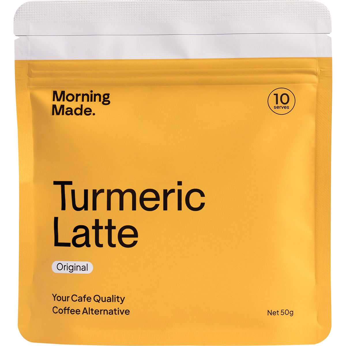 Box of 12 Morning Made Original Turmeric Latte sachets featuring a vibrant golden design and superfood ingredients.