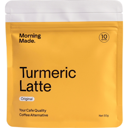 Box of 12 Morning Made Original Turmeric Latte sachets featuring a vibrant golden design and superfood ingredients.