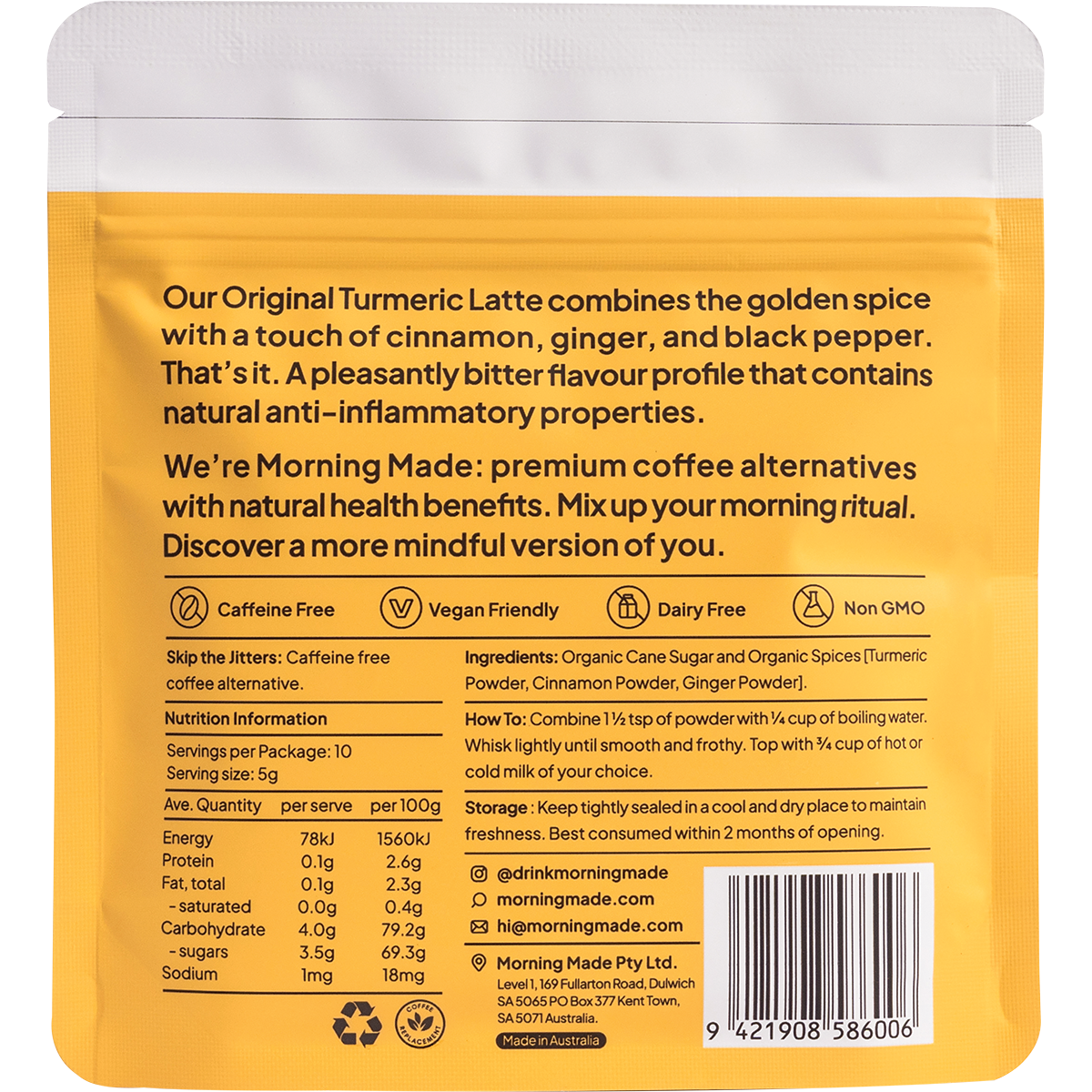 Back of a gold and white Morning Made Turmeric Latte box showing ingredients, nutrition facts, and 12 individual sachets.