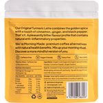 Back of a gold and white Morning Made Turmeric Latte box showing ingredients, nutrition facts, and 12 individual sachets.