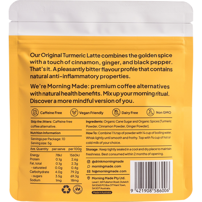 Back of a gold and white Morning Made Turmeric Latte box showing ingredients, nutrition facts, and 12 individual sachets.