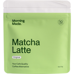 A 50g bag of Morning Made Original Matcha Latte with a green and white label featuring a matcha whisk and bowl.