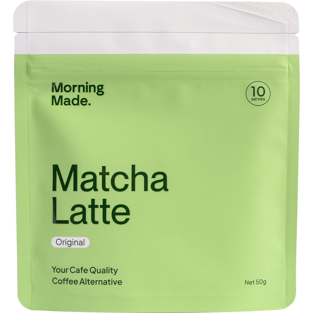 A 50g bag of Morning Made Original Matcha Latte with a green and white label featuring a matcha whisk and bowl.