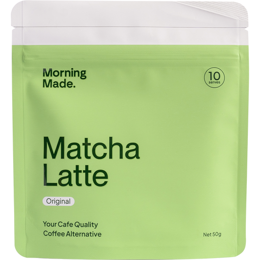A 50g bag of Morning Made Original Matcha Latte with a green and white label featuring a matcha whisk and bowl.