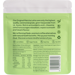 Back of Morning Made Original Matcha Latte 50g sachet showing ingredients, nutrition facts, and brewing instructions.