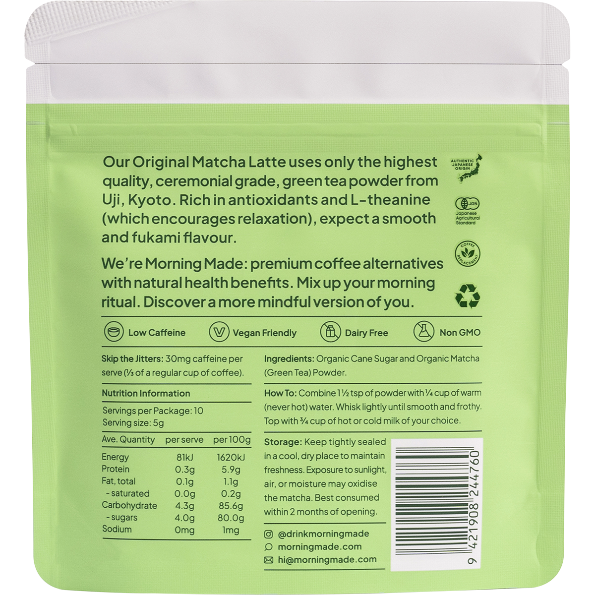 Back of Morning Made Original Matcha Latte 50g sachet showing ingredients, nutrition facts, and brewing instructions.