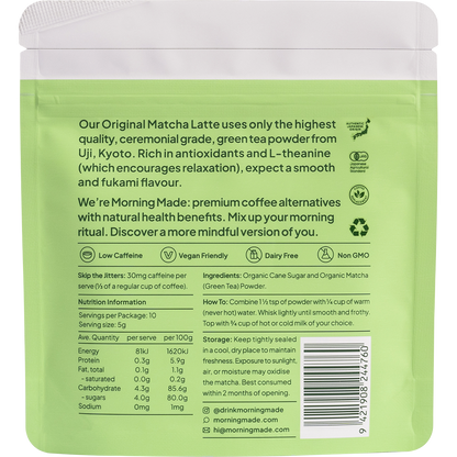Back of Morning Made Original Matcha Latte 50g sachet showing ingredients, nutrition facts, and brewing instructions.