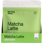 Display box containing 12 individual 50g bags of Morning Made Original Matcha Latte with green and white branding.