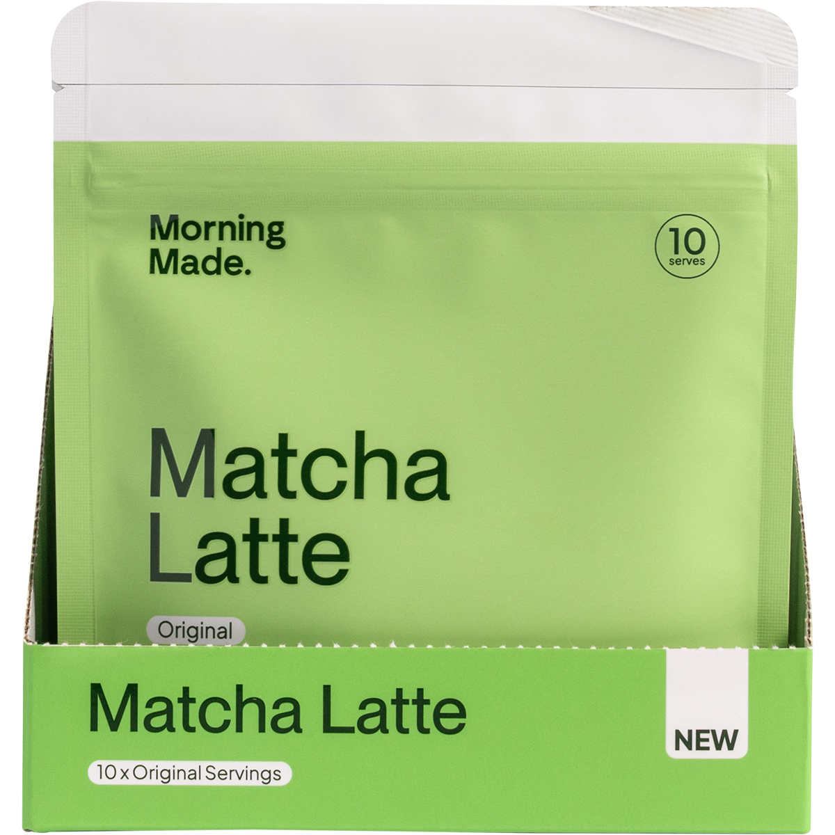 Display box containing 12 individual 50g bags of Morning Made Original Matcha Latte with green and white branding.
