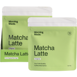 Morning Made Original Matcha Latte bag and box next to a prepared matcha drink with a bamboo whisk and bowl.
