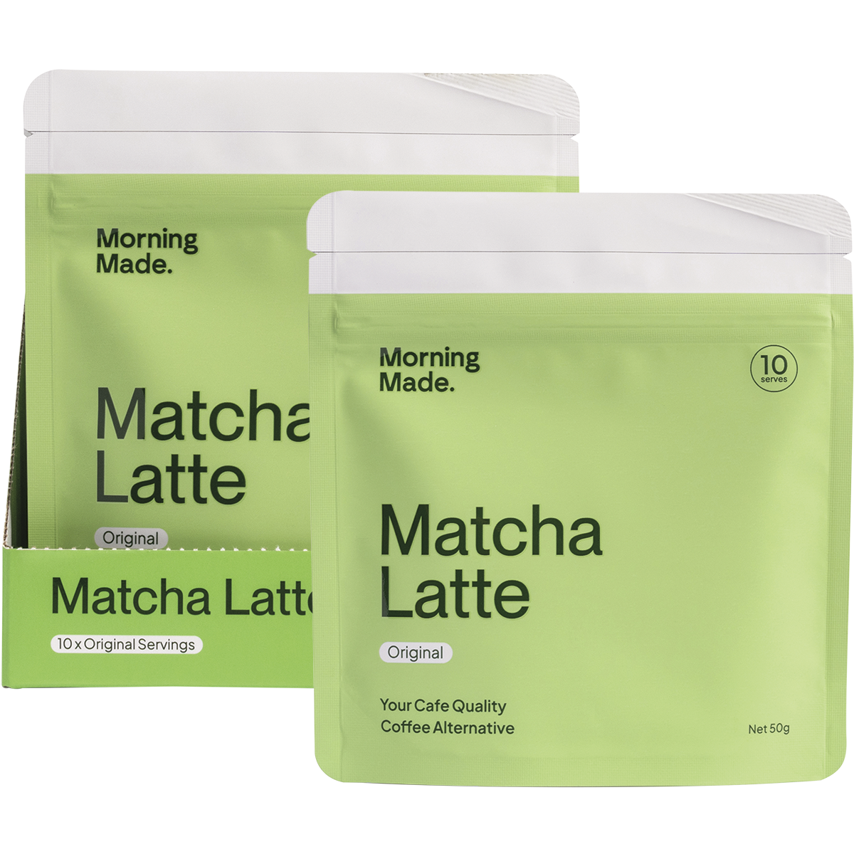 Morning Made Original Matcha Latte bag and box next to a prepared matcha drink with a bamboo whisk and bowl.