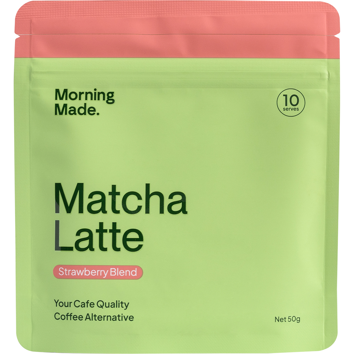 Pink 50g pouch of Morning Made Strawberry Matcha Latte with a green leaf and strawberry design.