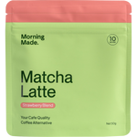 Pink 50g pouch of Morning Made Strawberry Matcha Latte with a green leaf and strawberry design.