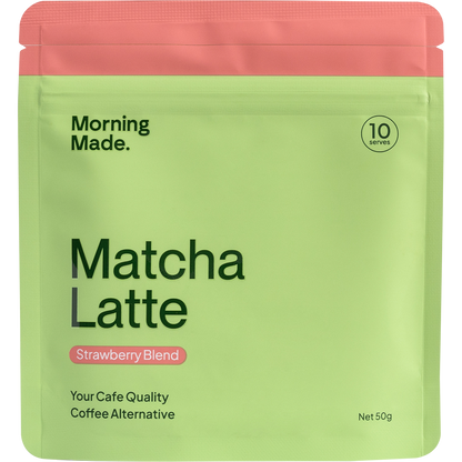 Pink 50g pouch of Morning Made Strawberry Matcha Latte with a green leaf and strawberry design.