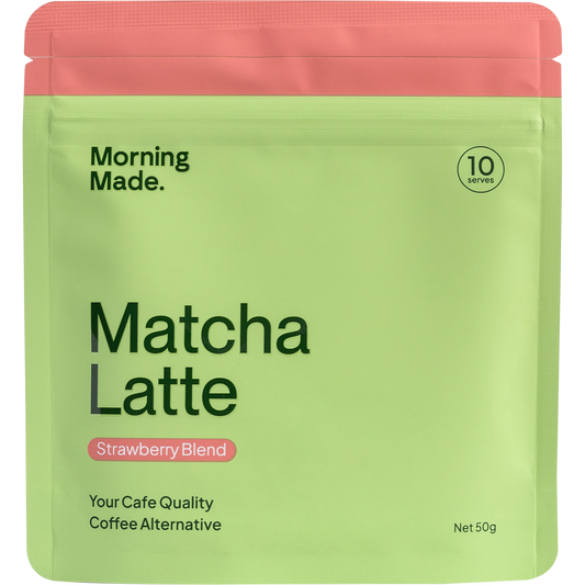 Pink 50g pouch of Morning Made Strawberry Matcha Latte with a green leaf and strawberry design.