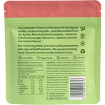 Back of a Morning Made Strawberry Matcha Latte pouch showing ingredients, nutrition facts, and brewing instructions.