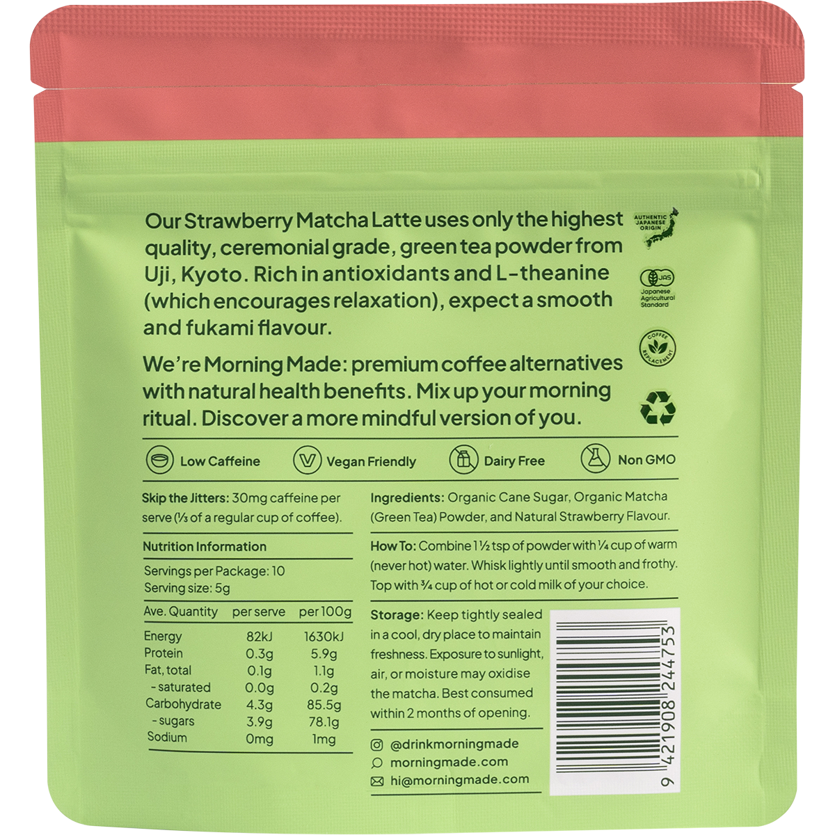 Back of a Morning Made Strawberry Matcha Latte pouch showing ingredients, nutrition facts, and brewing instructions.
