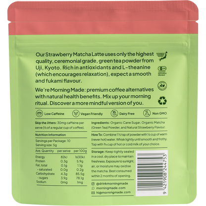 Back of a Morning Made Strawberry Matcha Latte pouch showing ingredients, nutrition facts, and brewing instructions.