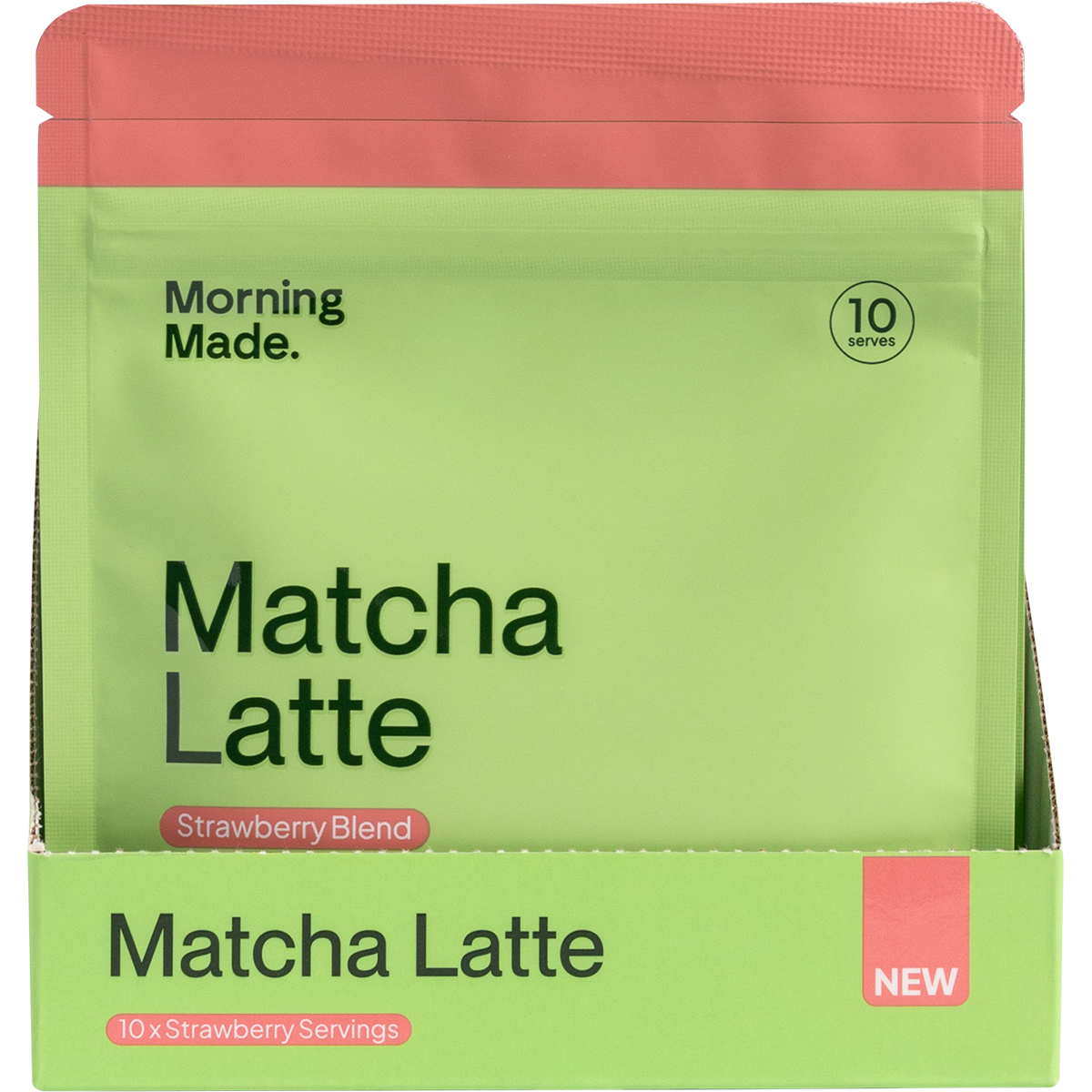 Pink and white display box containing 12 individual 50g sachets of Morning Made Strawberry Matcha Latte.
