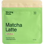White 50g sachet of Morning Made Vanilla Matcha Latte with green accents and a picture of a frothy matcha drink.