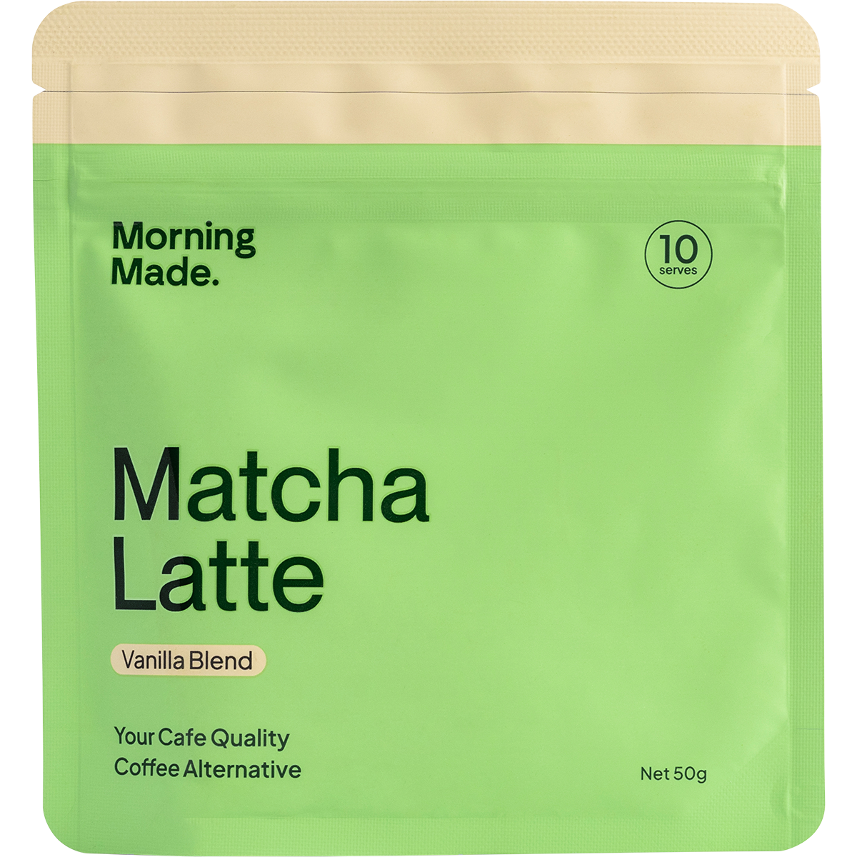White 50g sachet of Morning Made Vanilla Matcha Latte with green accents and a picture of a frothy matcha drink.