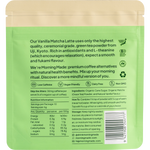 Back of a Morning Made Vanilla Matcha Latte sachet showing ingredients, nutrition facts, and brewing instructions.