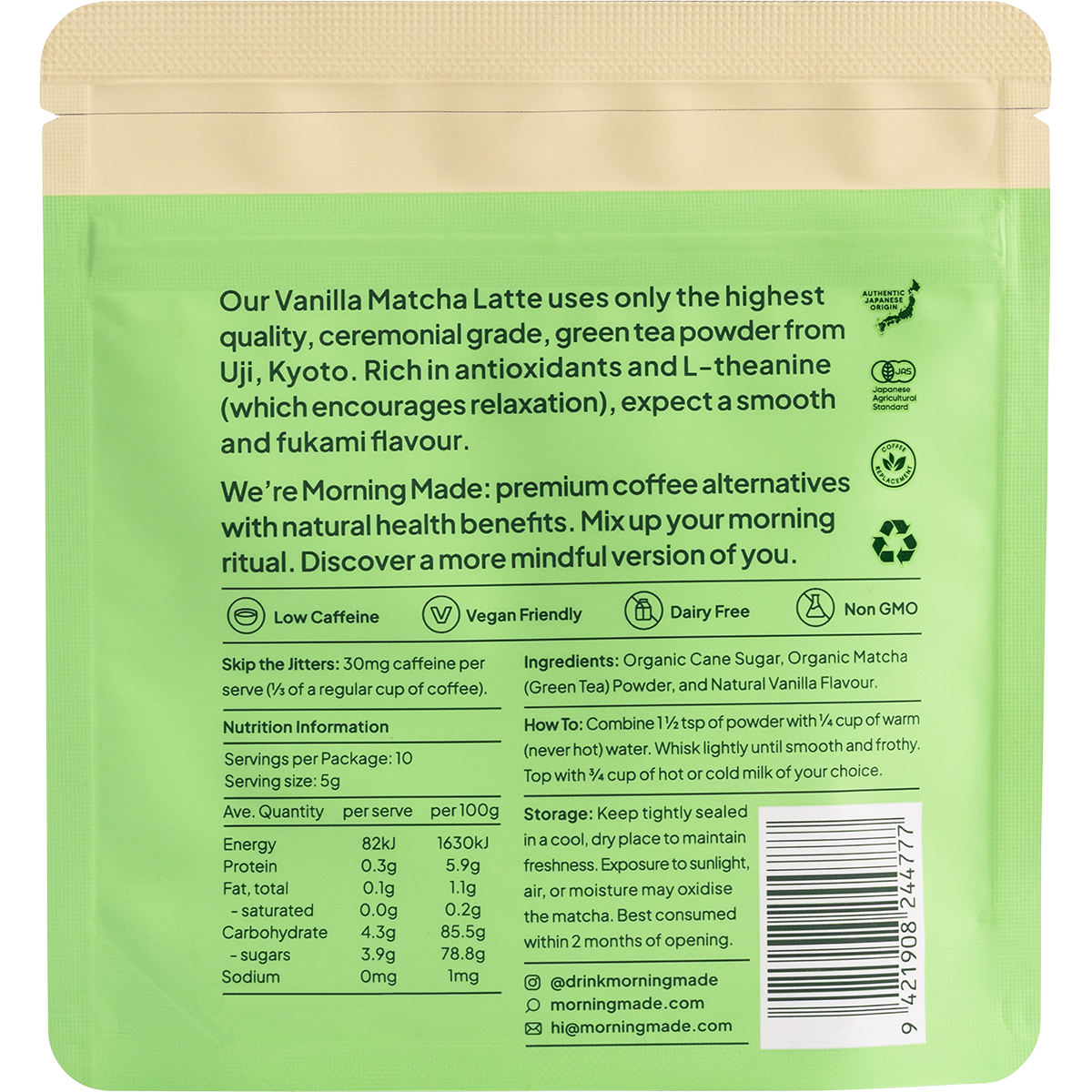 Back of a Morning Made Vanilla Matcha Latte sachet showing ingredients, nutrition facts, and brewing instructions.