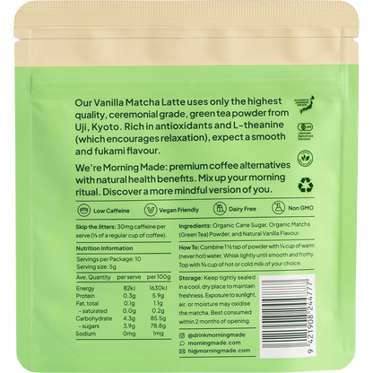 Back of a Morning Made Vanilla Matcha Latte sachet showing ingredients, nutrition facts, and brewing instructions.