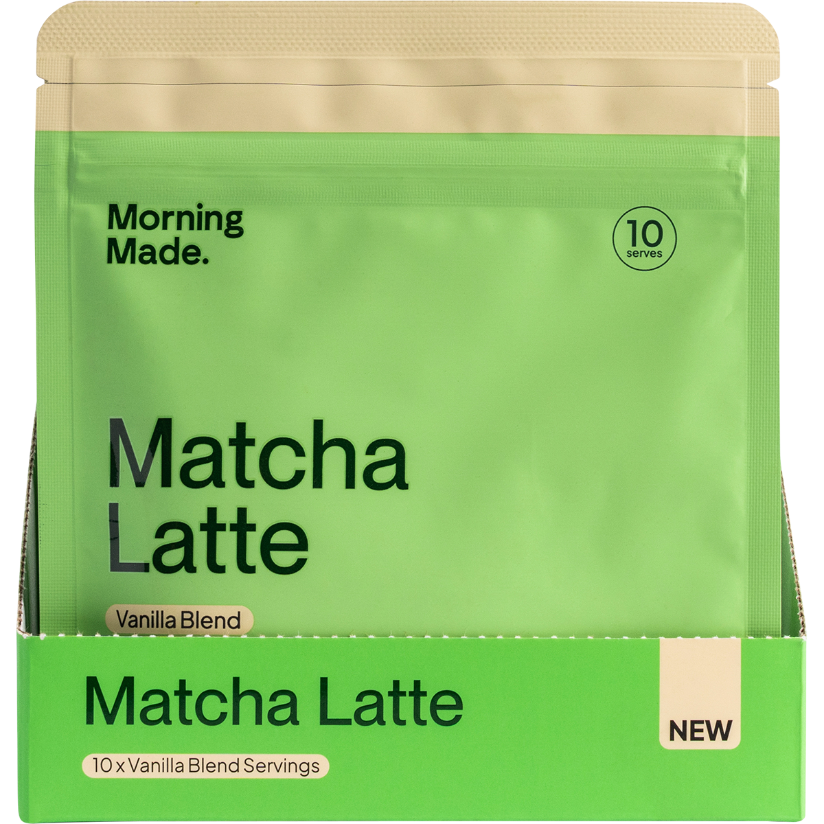 White display box containing 12 individual 50g sachets of Morning Made Vanilla Matcha Latte with green and white branding.