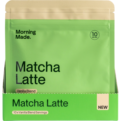 White display box containing 12 individual 50g sachets of Morning Made Vanilla Matcha Latte with green and white branding.