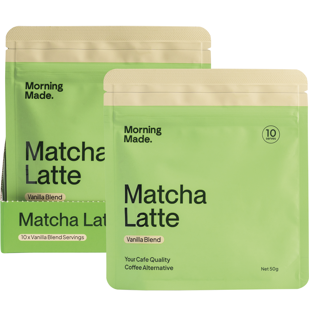 Vanilla Matcha Latte box, sachet, and a frothy green drink in a glass with a gold spoon on a white background.
