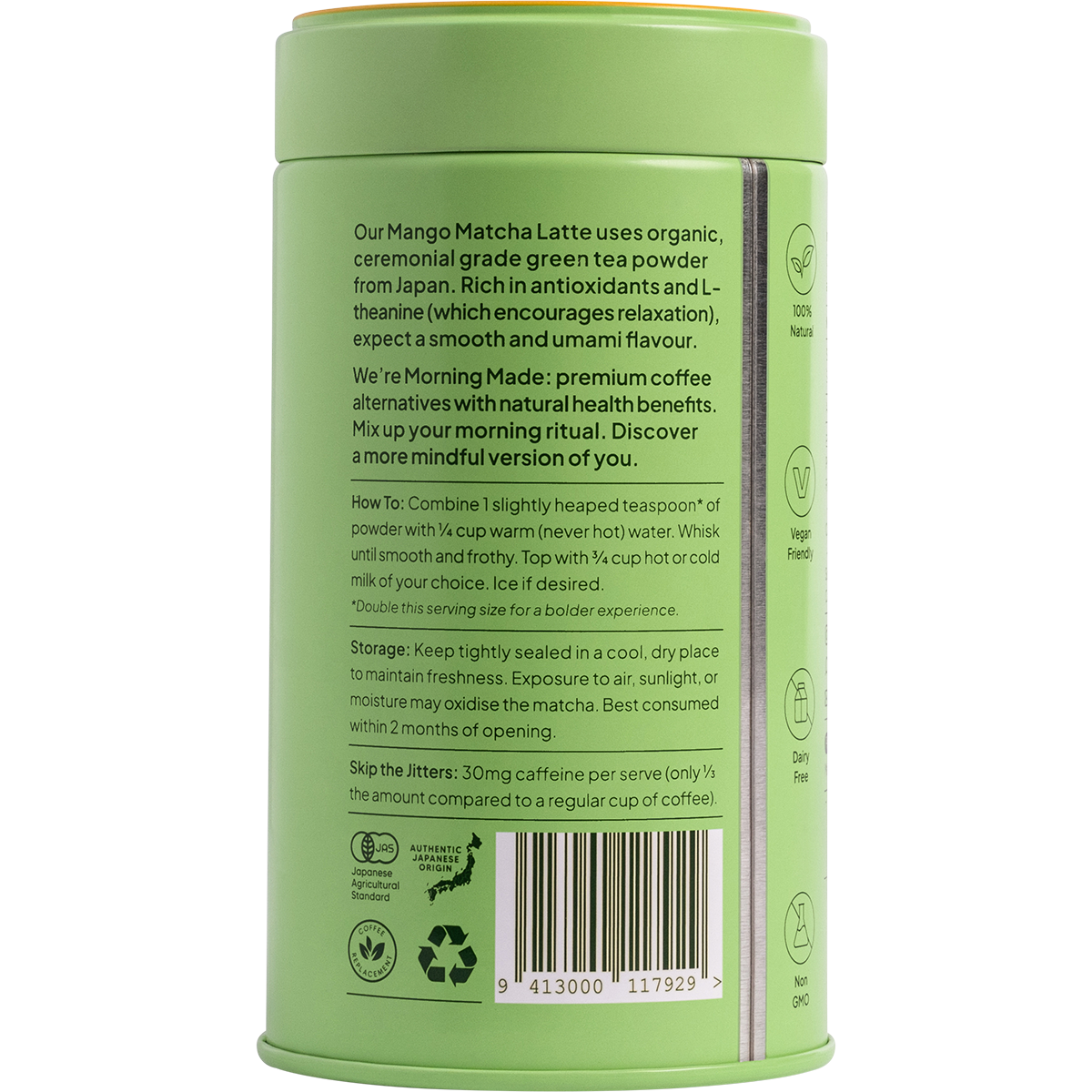 Back of Morning Made Mango Matcha Latte 300g pouch showing nutritional facts and ingredients on a white background.