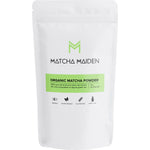 28.35g pouch of Matcha Maiden Organic Matcha Powder featuring a green tea leaf illustration on a white background.