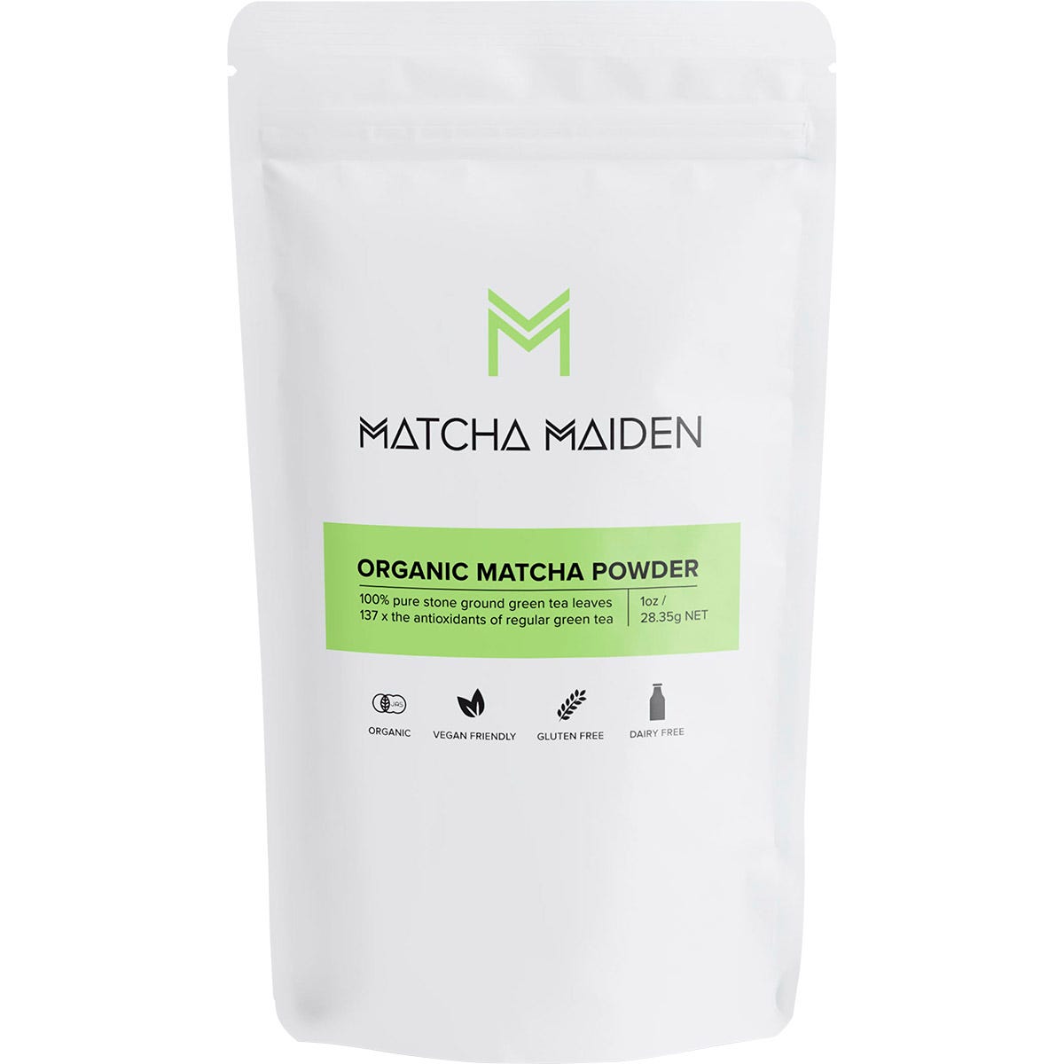 28.35g pouch of Matcha Maiden Organic Matcha Powder featuring a green tea leaf illustration on a white background.