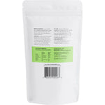 Back of a 28.35g Matcha Maiden Organic Matcha Powder pouch showing ingredients and directions on a white background.